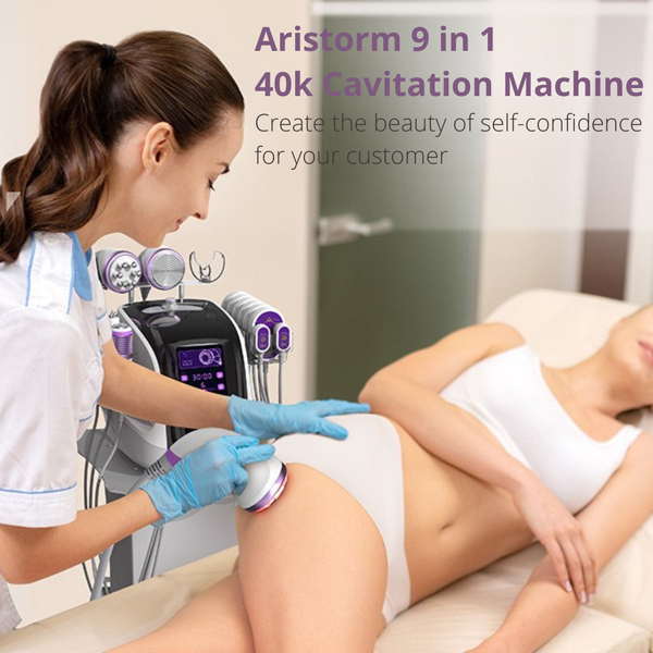 Woman receiving a 40k cavitation treatment from a professional in a clinical setting.