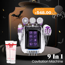 9 In 1 Cavitation Machine with skincare products on a Halloween-themed background