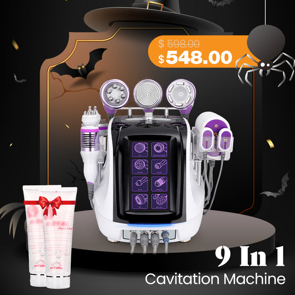 9 In 1 Cavitation Machine with skincare products on a Halloween-themed background