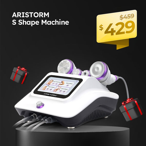 ARISTORM S Shape Machine with price tag and gift boxes on a black background