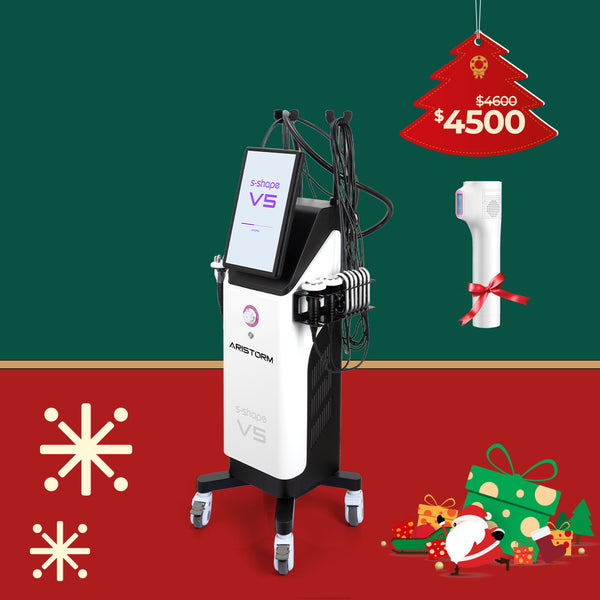 Medical device with digital display on a green and red background with Christmas-themed elements.