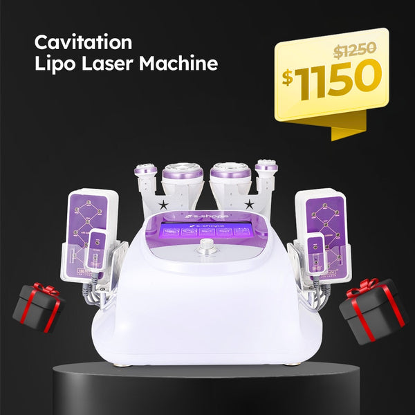Cavitation Lipo Laser Machine with price tag and gift icons on a black background