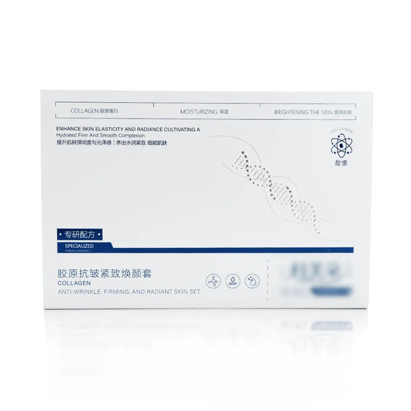 A white skincare product box with blue and black text, featuring a DNA double helix illustration and Chinese and English descriptions for a collagen anti-wrinkle and radiant skin set.