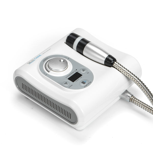 White electronic device with control panel and cable on a white background