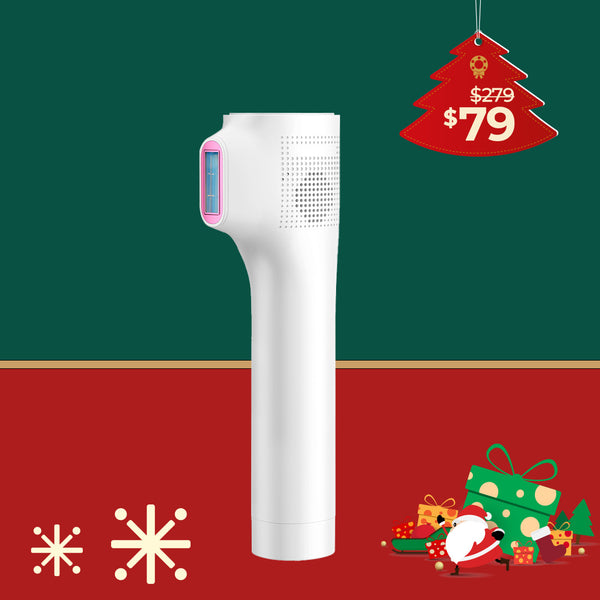 White electronic device with a digital display on a green and red background with Christmas-themed elements.