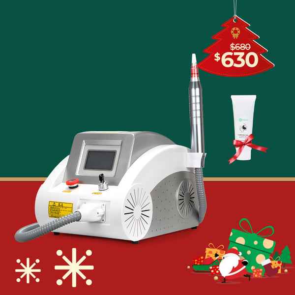 White and gray laser hair removal machine with attachments on a red and green background with Christmas decorations.