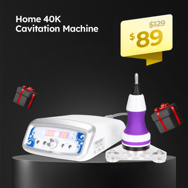 Home 40K Cavitation Machine with price tags and gift boxes on a black background