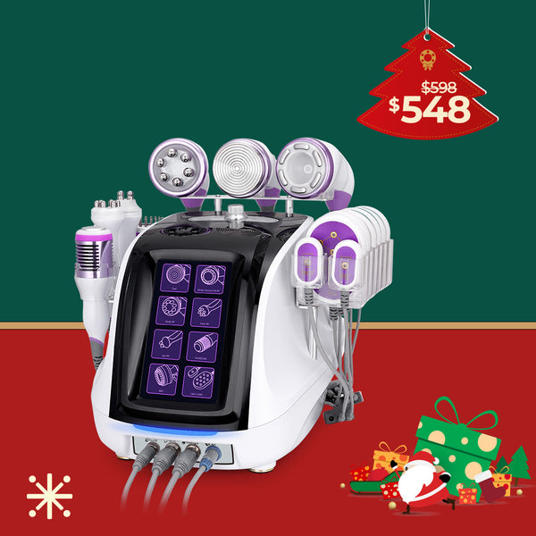 Beauty device with digital display on a festive background with Christmas decorations and price tag.