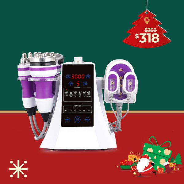 Electrodes and device with digital display on a green and red background with Christmas decorations.