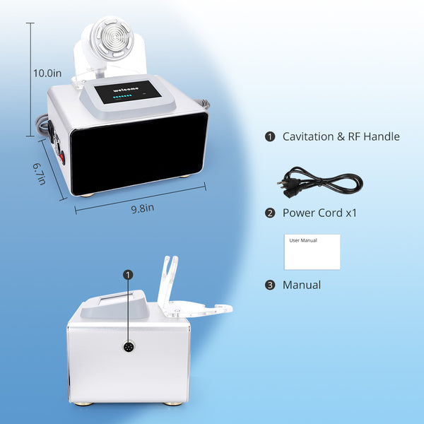 Portable beauty device with dimensions and included items on a blue background