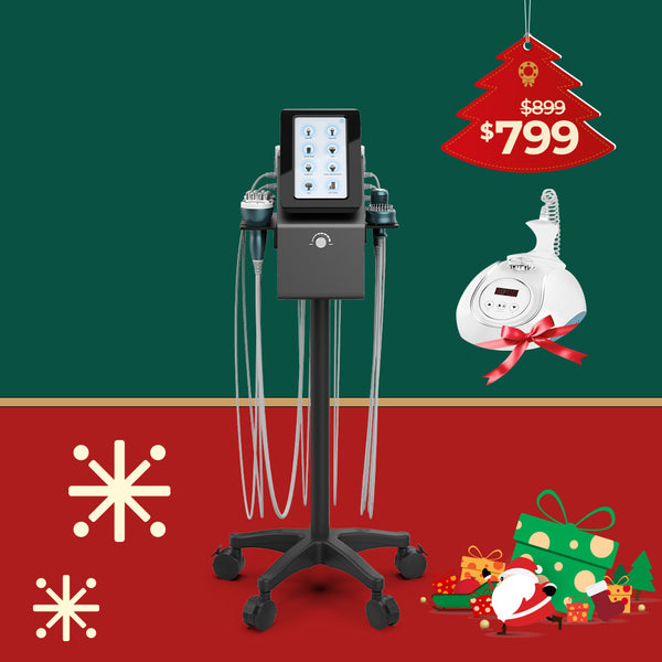 Medical device on a stand with Christmas-themed decorations and pricing information.