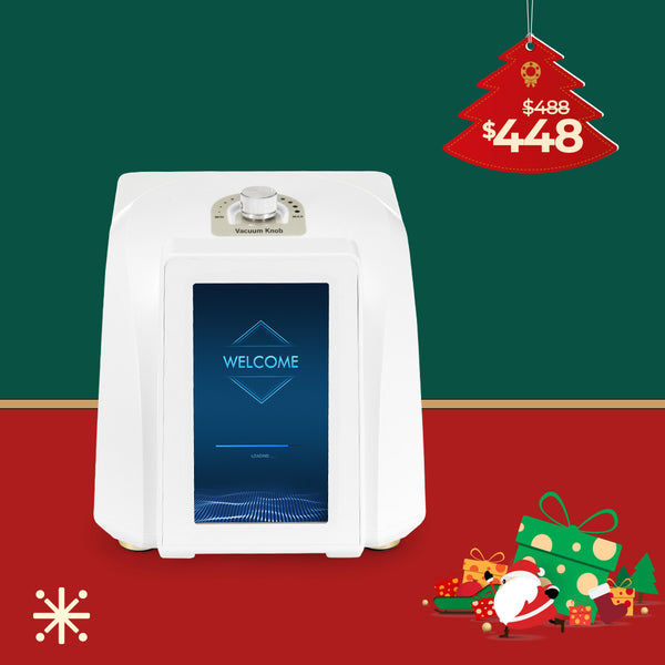 White electronic device with a screen displaying 'WELCOME' on a red and green background with Christmas decorations.