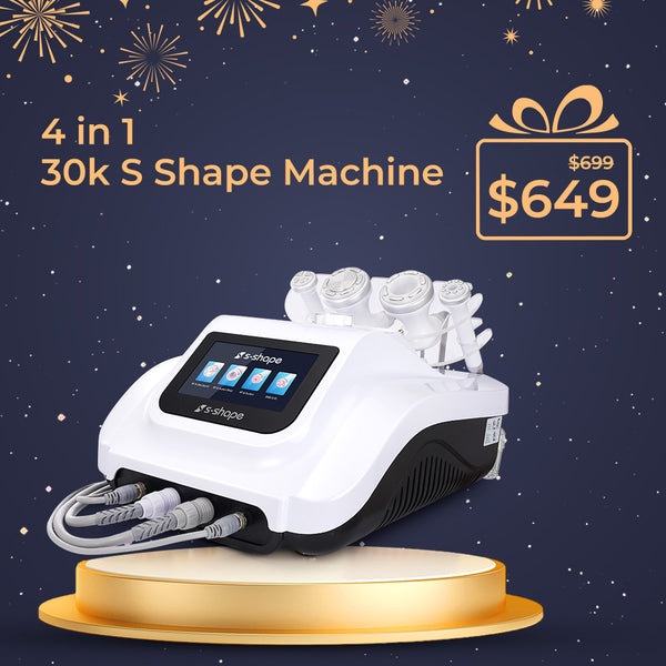 4-in-1 30k S Shape Machine on a dark blue background with fireworks graphics and pricing information.
