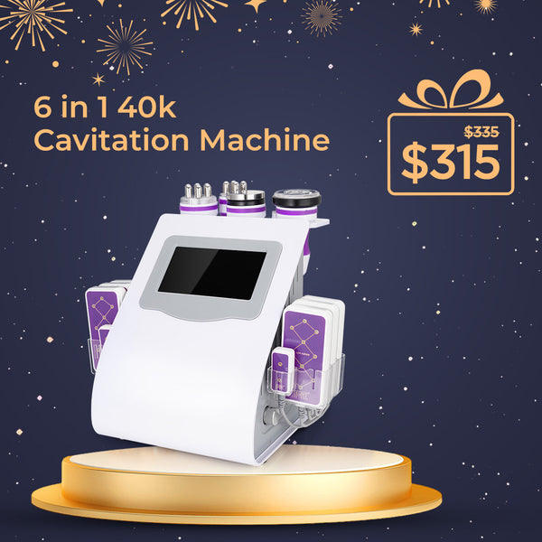 6-in-1 40k Cavitation Machine on a dark background with decorative elements