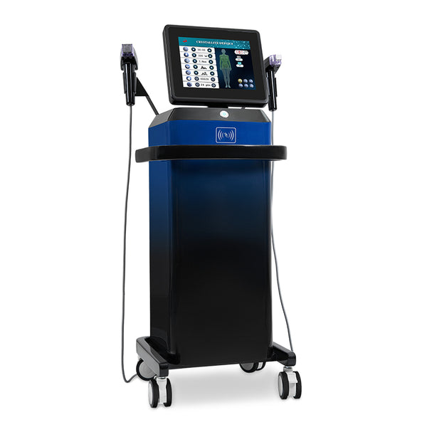 Blue and black medical device with a screen on a white background