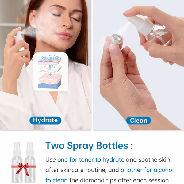 Two spray bottles being used for hydration and cleaning.