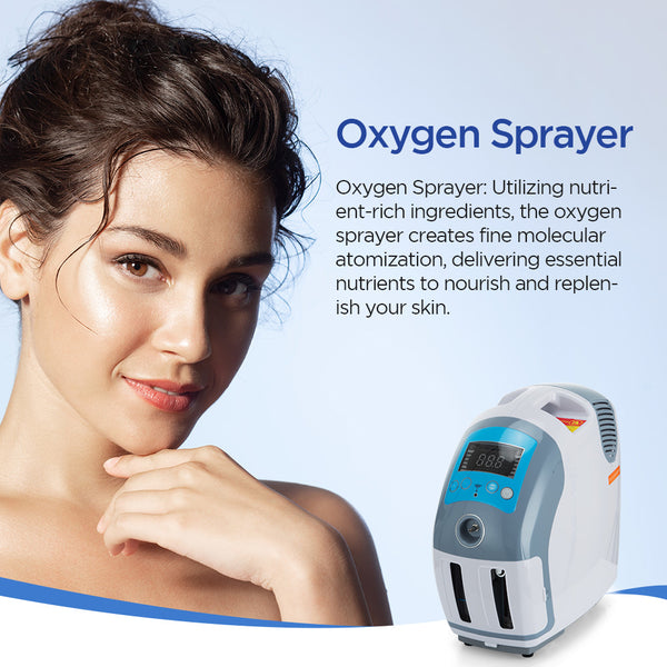 Woman with a oxygen sprayer and text about its benefits on a blue background