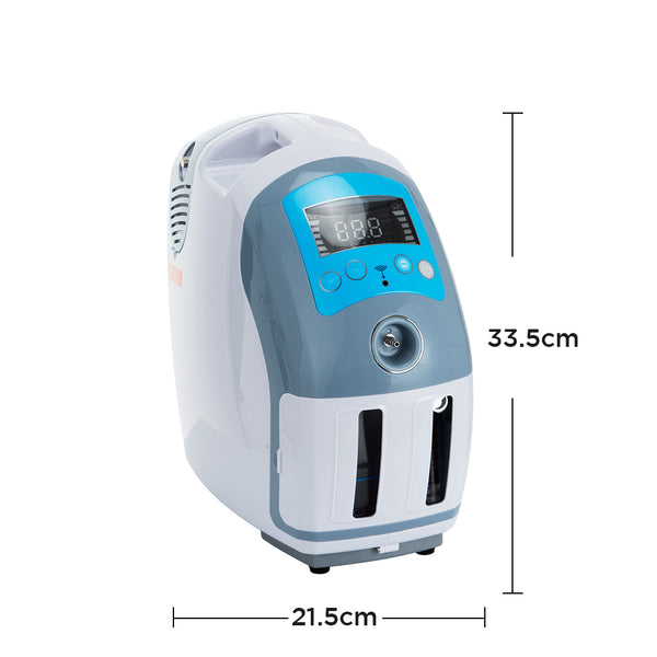 Portable oxygen concentrator with dimensions labeled on a white background