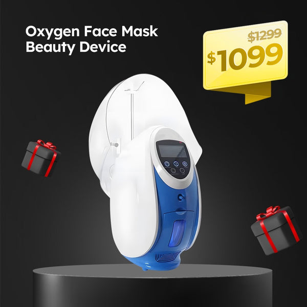 Oxygen face mask beauty device with price tag and gift boxes on a black background