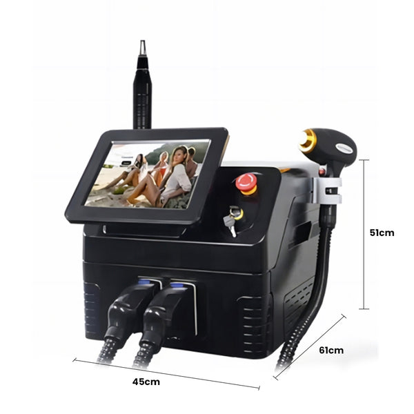 Black laser hair removal machine with screen and measurement details on a white background