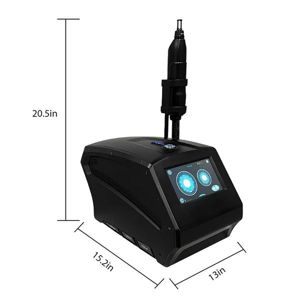 Black machine with a digital display and measurements on a white background