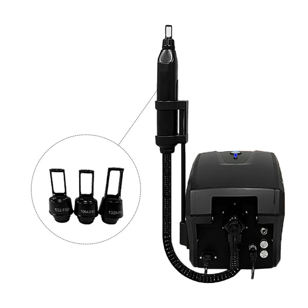 Black tattoo machine with attachments on a white background