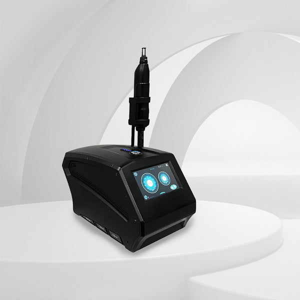 Black electronic device with a digital display on a white background