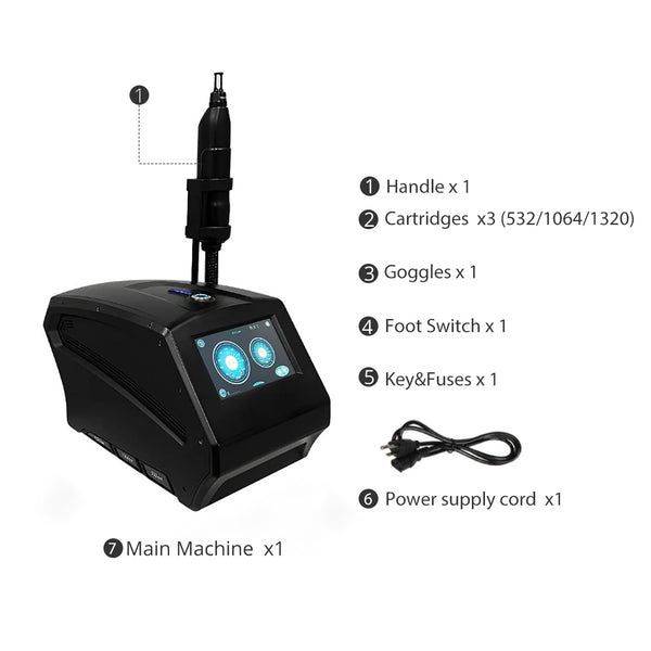 Black tattoo machine with labeled components on a white background