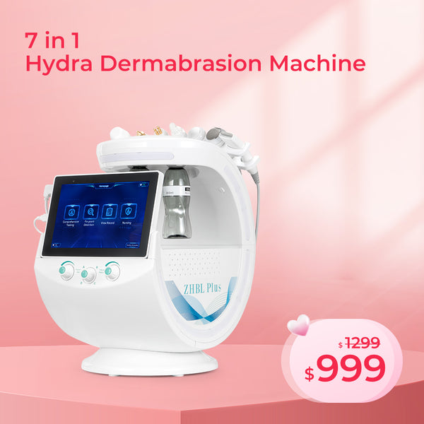 7-in-1 Hydra Dermabrasion Machine with digital display on a pink background