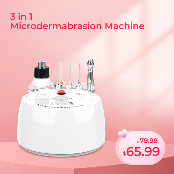 3-in-1 microdermabrasion machine on a pink background with pricing information.