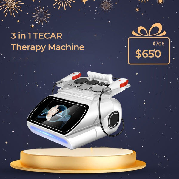 3-in-1 TECAR Therapy Machine on a dark blue background with fireworks and price information.