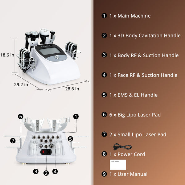 White machine with labeled parts and dimensions on a brown background