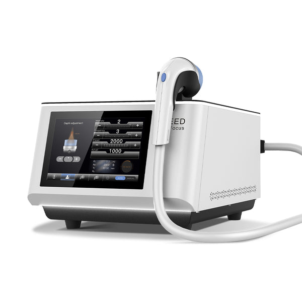 Medical device with digital display and handheld probe on a white background