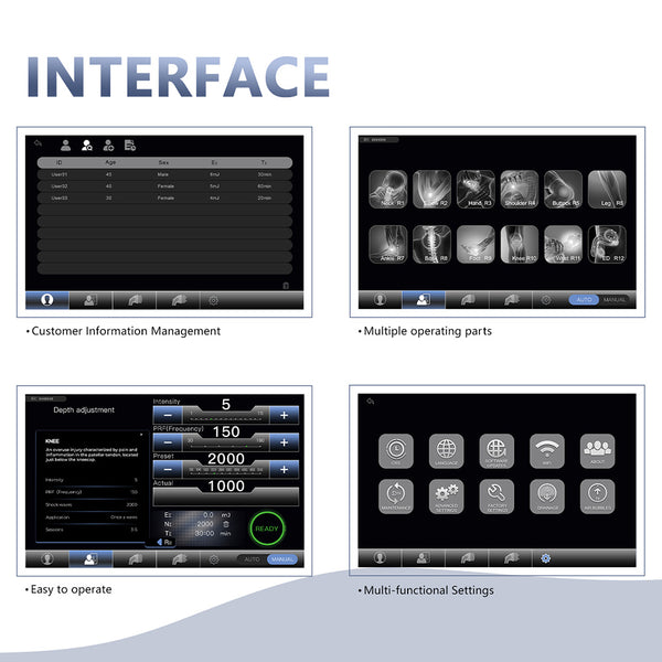 Interface display with various screens showing different functionalities on a white background.