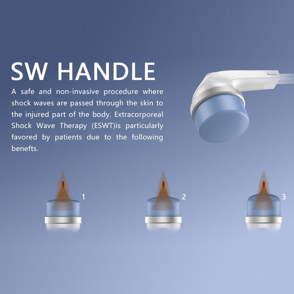 Extracorporeal Shock Wave Therapy (ESWT) device handle with text on a blue background