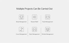 List of project categories including body management, muscle relief, facial management, curve management, back management, and wrinkle management on a white background.