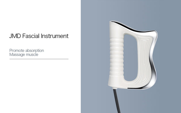 White fascial instrument on a gray background with text describing its use.