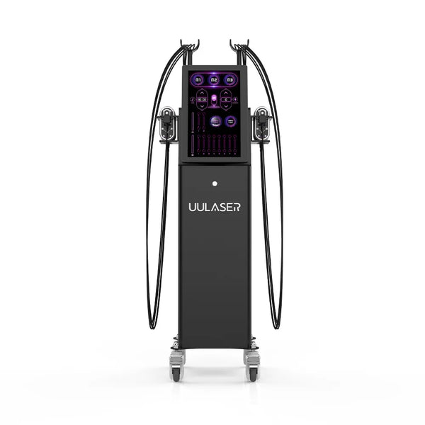 A laser lipo machine with dual hanging treatment arms, a digital touch screen interface, and caster wheels, shown on a solid white background.