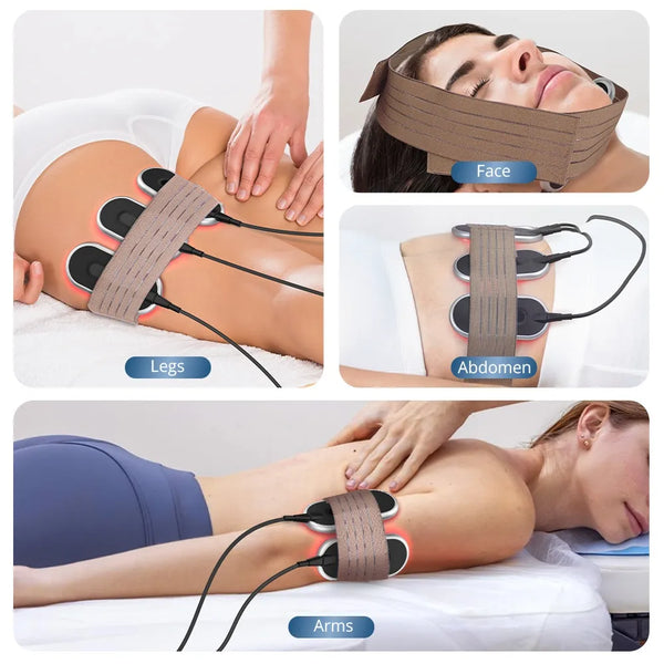 A laser lipo machine attached to different body parts: legs, face/neck, abdomen, and arms, with a person lying on a treatment table in each panel.