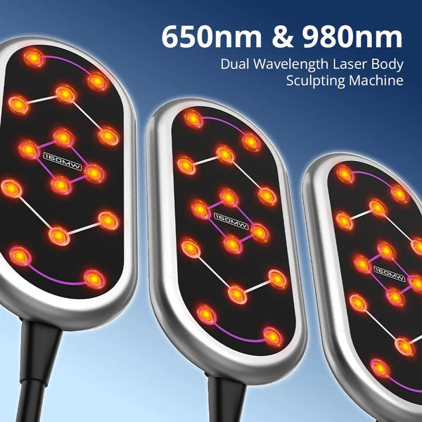 Three high-power laser lipo pads from a professional laser lipo machine shown on a blue gradient background with text reading '650nm & 980nm Dual Wavelength Laser Body Sculpting Machine.' The devices have silver edges, black fronts, and glowing orange-red LED nodes with purple line graphics.