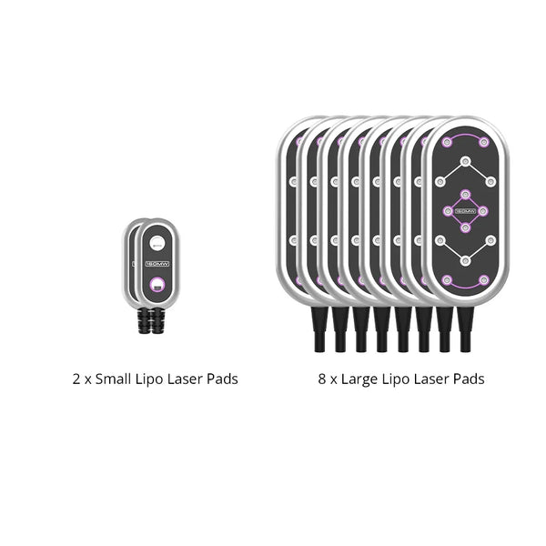 A set of lipo laser treatment pads shown on a plain white background, including two small oval pads and eight larger rectangular pads with a black face, silver edges, and purple diagram markings. Text below reads '2 x Small Lipo Laser Pads' and '8 x Large Lipo Laser Pads'.