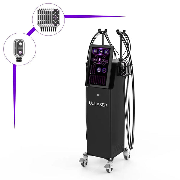 A professional laser lipo machine with a digital control screen, multiple hanging cables, and caster wheels, shown on a white background with two circular inset callouts highlighting the treatment heads and remote control.