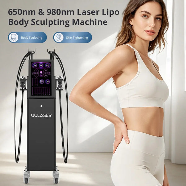 A laser body sculpting machine shown next to a woman in a white sports bra and leggings, with text reading '650nm & 980nm Laser Lipo Body Sculpting Machine' and 'Body Sculpting' and 'Skin Tightening'.