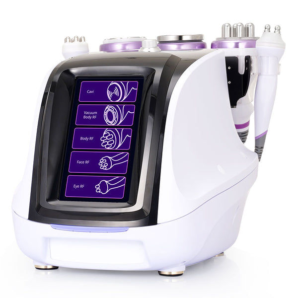 Beauty device with digital display and attachments on a white background