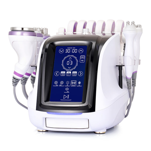 White and purple electronic device with digital display on a white background