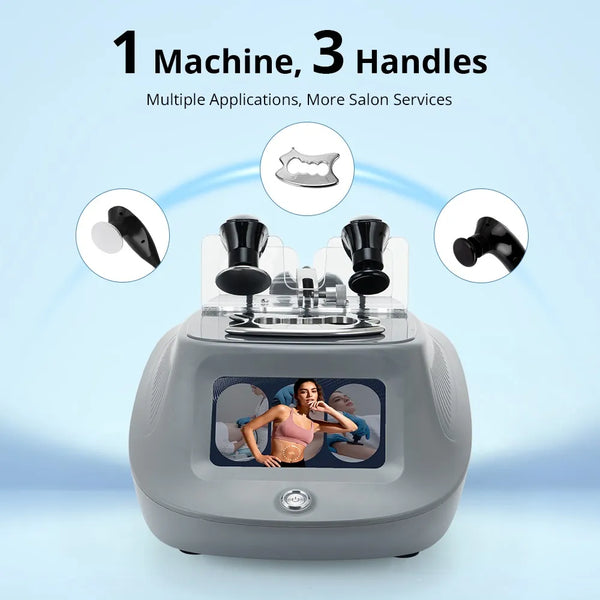A tecar therapy machine with a gray base, clear upper housing, and three black handle attachments shown above it. Large text reads '1 Machine, 3 Handles' with smaller copy 'Multiple Applications, More Salon Services.
