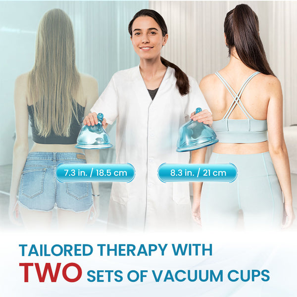 Two women with vacuum cups on their backs, showing measurements and text about tailored therapy.