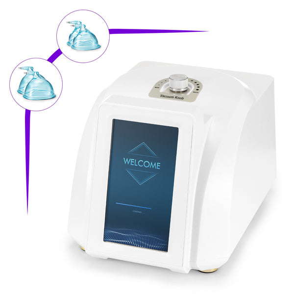 A white vacuum butt lift machine with a touch screen interface and two sizes of vacuum cups displayed
