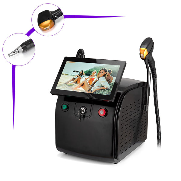 Black tattoo machine with digital display and attachments on a white background