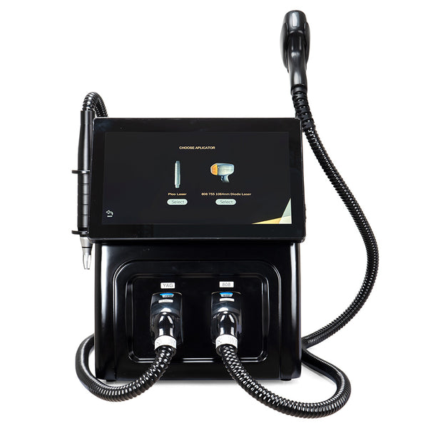 Black electronic device with multiple ports and hoses on a white background